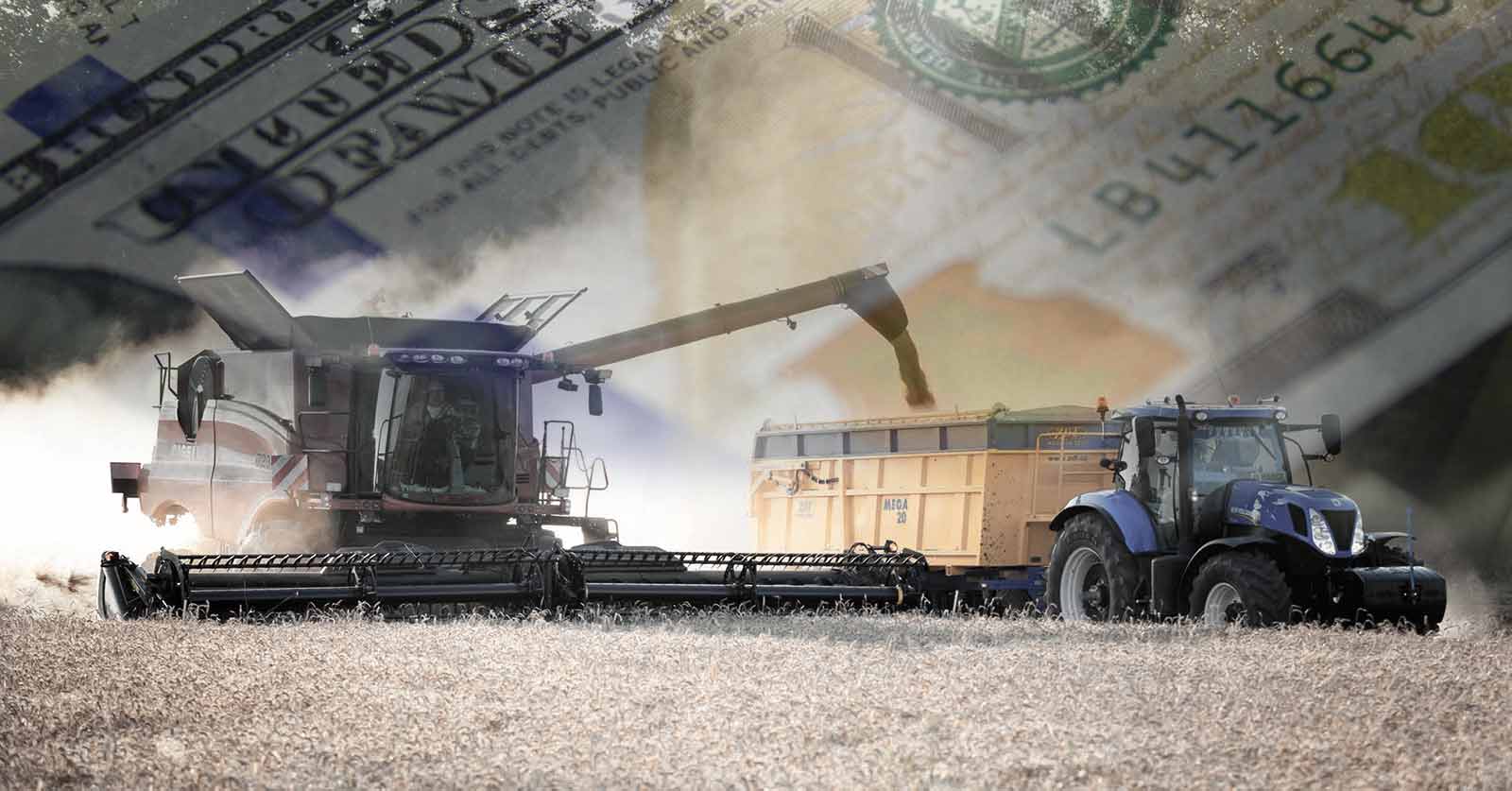 image of a tractor with an overlay of $100 bills