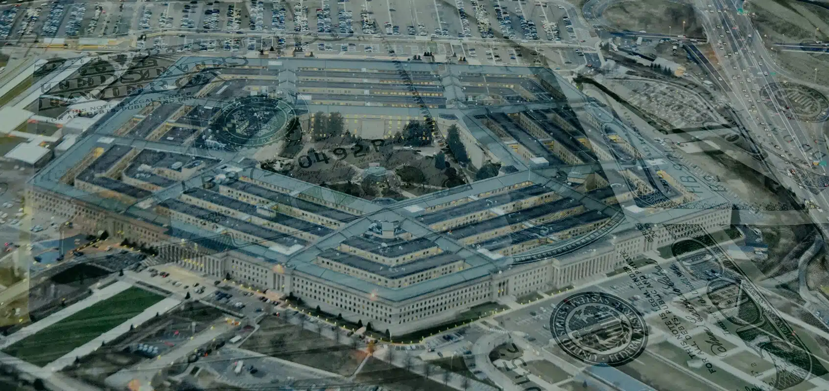 Overhead view of the Pentagon with 100 dollar bills overlaid
