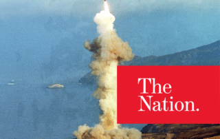 An ICBM launching in the background with The Nation's logo in the foreground lower third right.