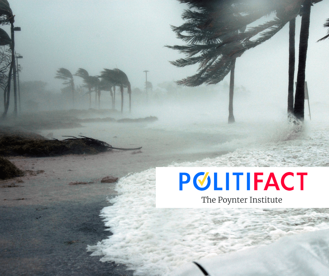 A hurricane striking a beach with the PolitiFact logo in the foreground