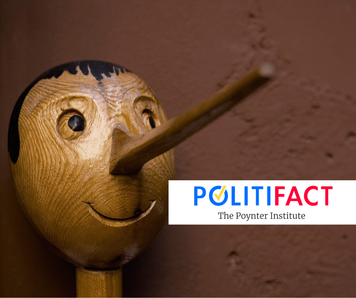 Image of Pinocchio and the PolitiFact logo in the foreground