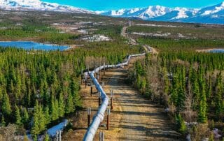 An aerial view of the Trans-Alaska Pipeline transportation system in Big Delta, Alaska