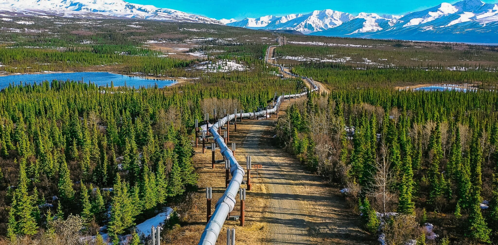 An aerial view of the Trans-Alaska Pipeline transportation system in Big Delta, Alaska